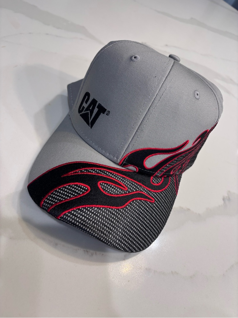 Caterpillar Gray and Black Cap with Red Flame Accent NWOT